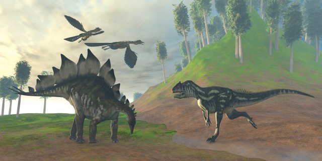 Allosaurus-attacking-a-stegosaurus-adventuredinosaurs