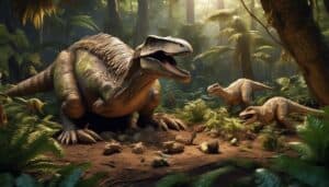 a dinosaur crouching and 2 baby dinosaurs next to a nest, Dinosaur Eggs Nest - Did Dinosaurs Make Nests?