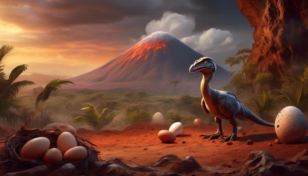 bird-like dinosaur overlooking dinosaur eggs with volcano in background, How Long Did Dinosaur Eggs Take to Hatch? Surprising Theories Based On Egg Fossils