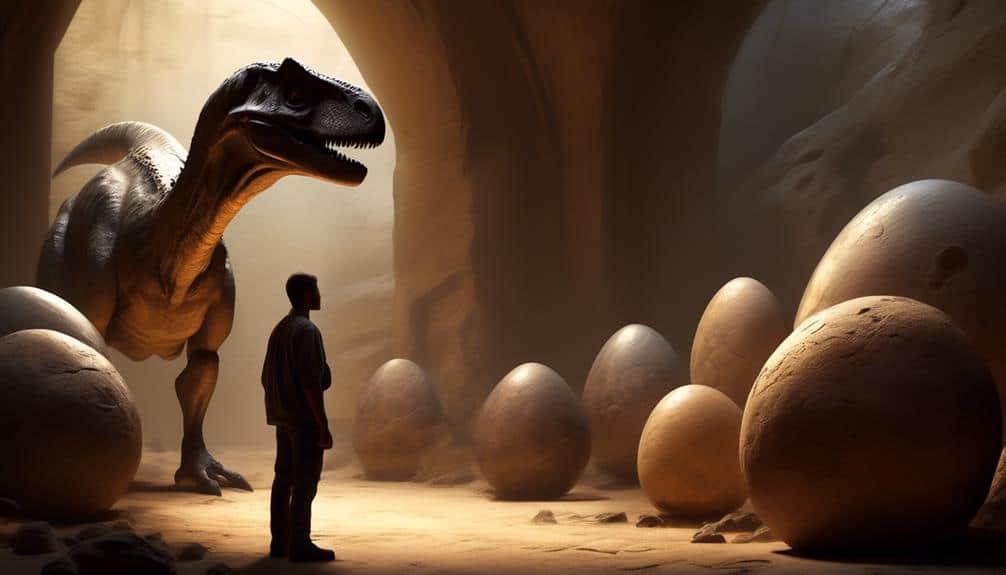 dinosaur and man looking at dinosaur eggs, How Rare Are Dinosaur Eggs?